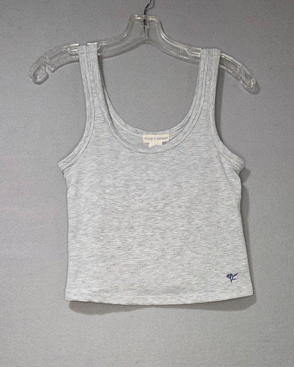 Wild Indigo Heather Grey Embroidered Logo Cropped Tank Top with Built-in Bra—